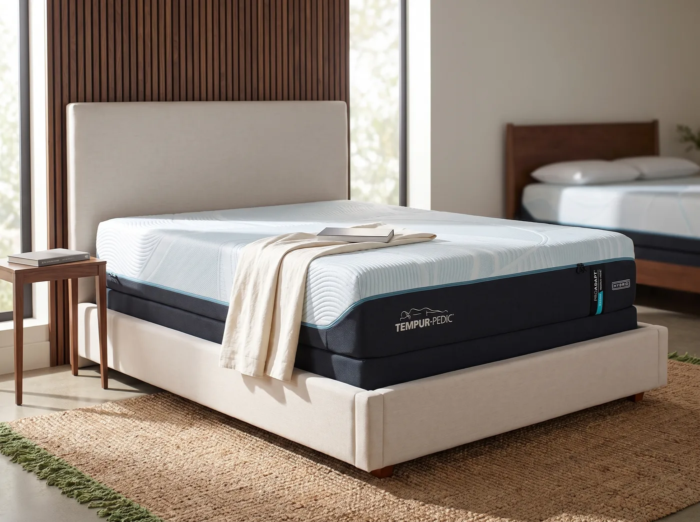 Tempur-Pedic ProAdapt mattress with its blue cover and branded front panel in a styled showroom setting