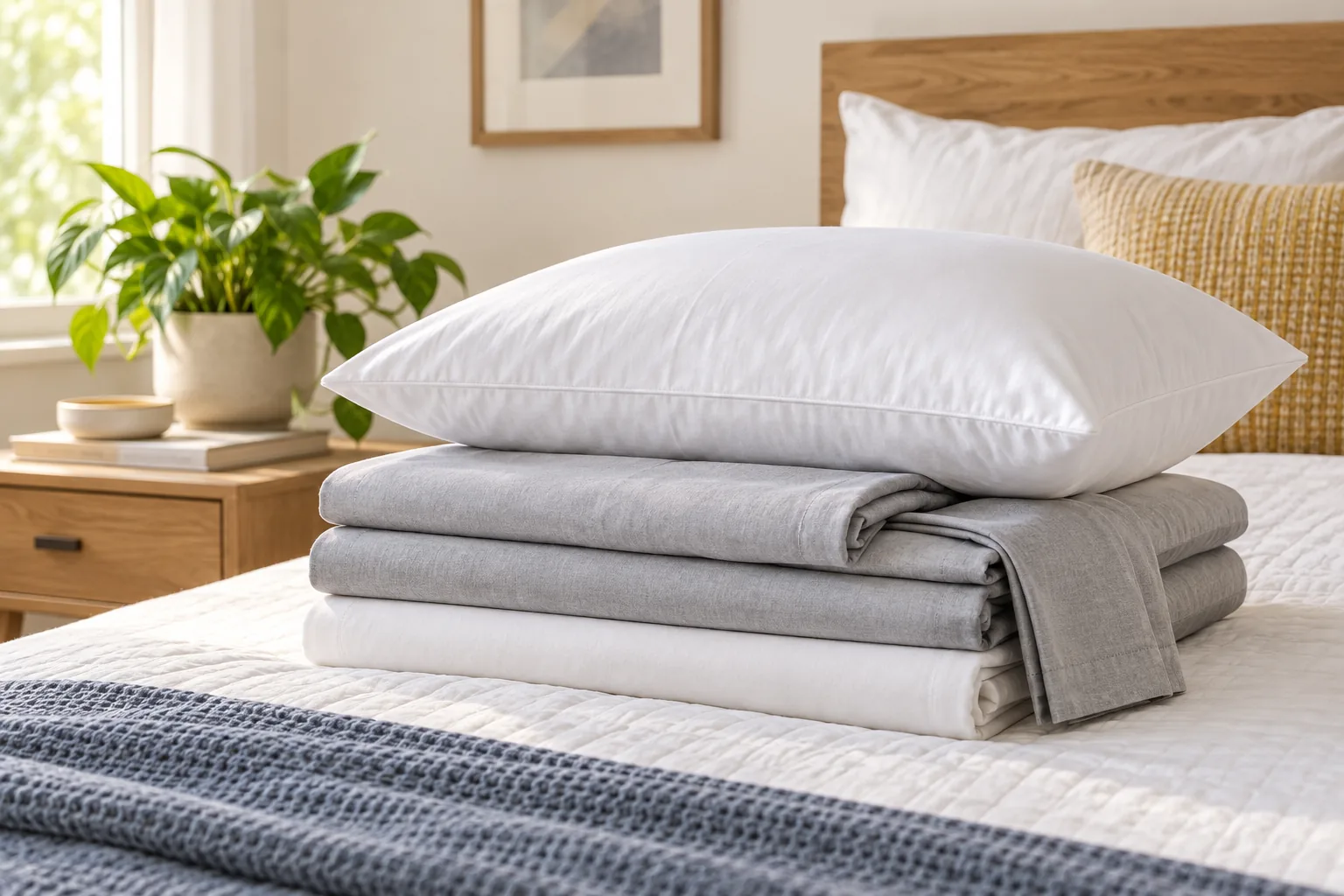 A white pillow resting on folded grey and white sheets on a made bed, a plant behind.