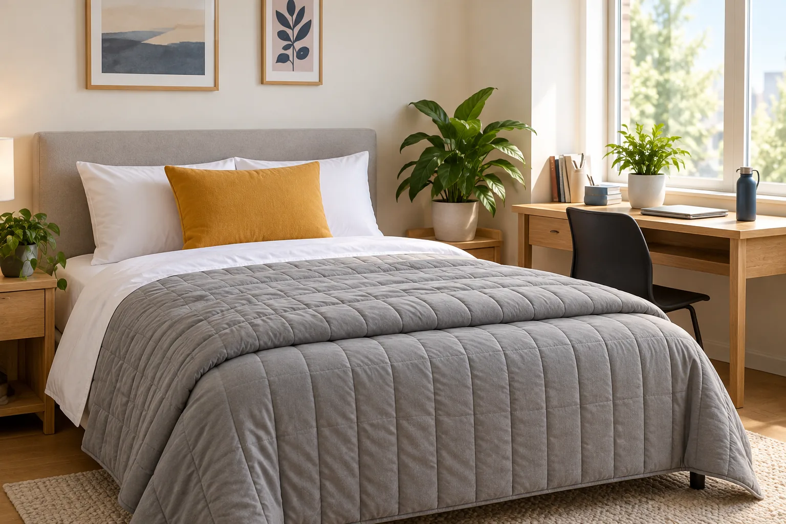Furnished bedroom with a grey quilted bed, a mustard pillow and a desk by the window.