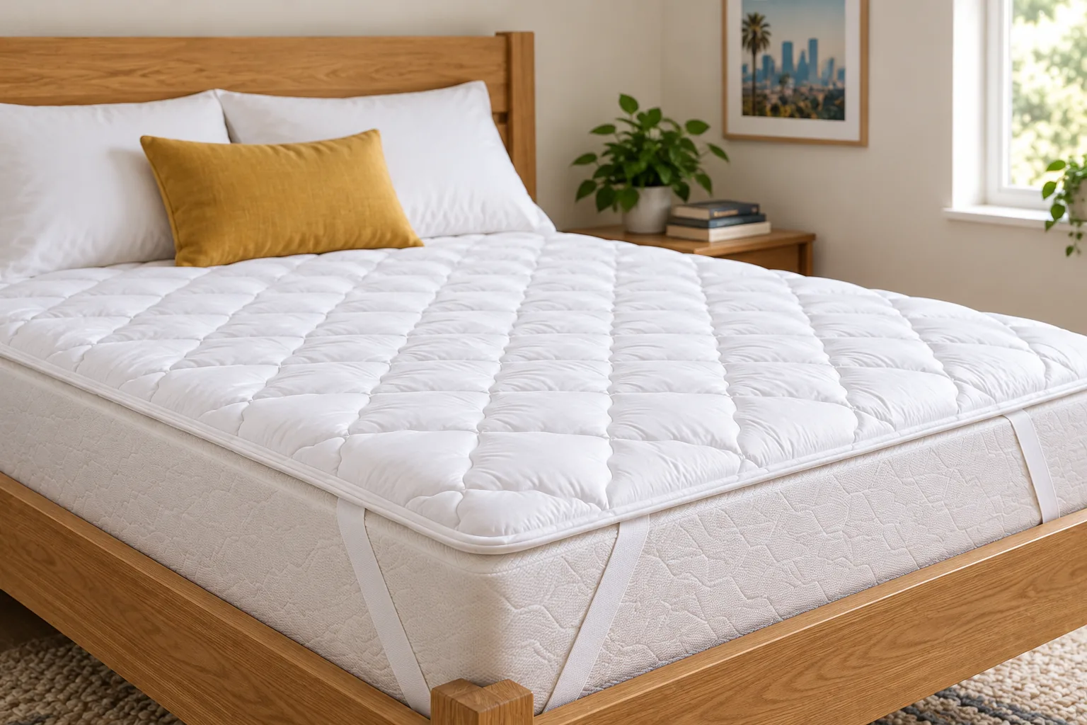 Quilted mattress pad strapped over a mattress on an oak bed.