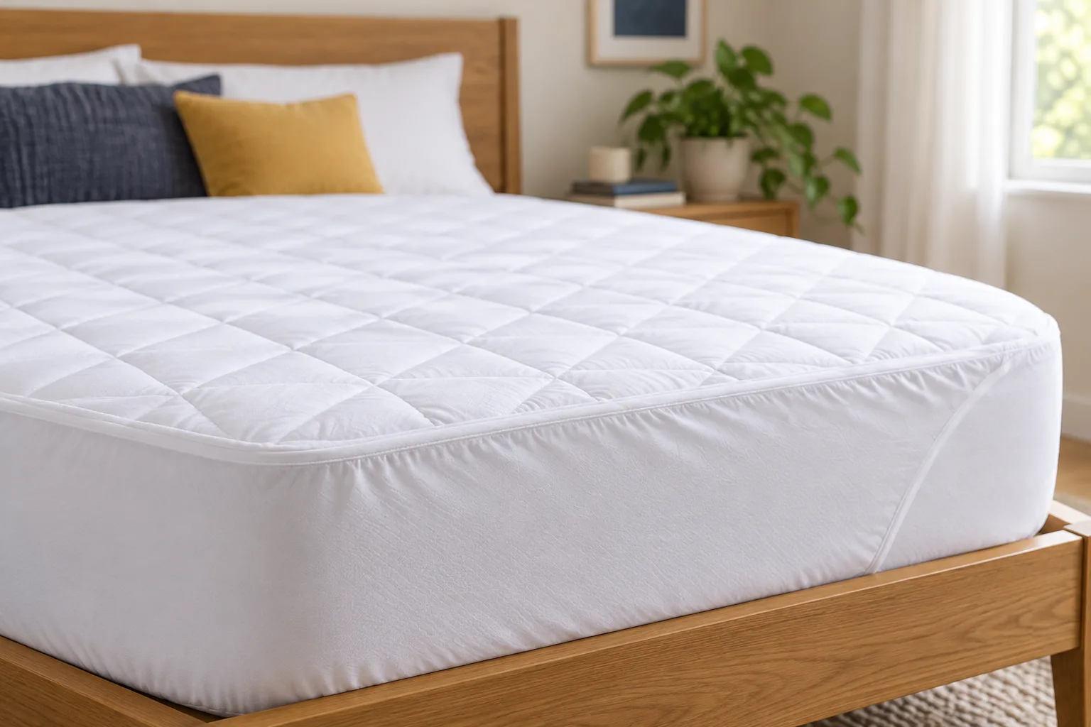 White quilted fitted protector stretched over a mattress on a wooden bed.