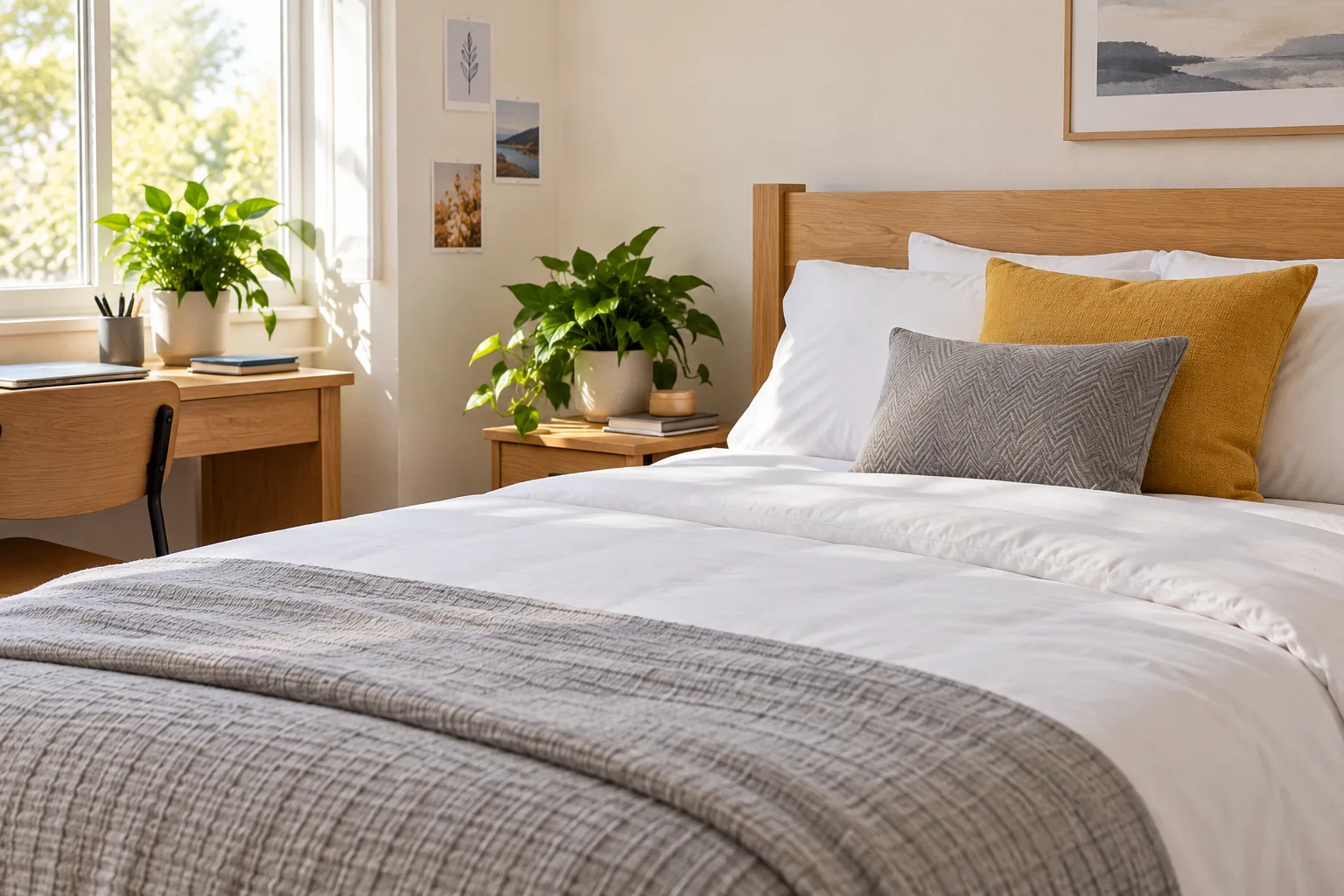 Bedroom with a made bed in white bedding, a grey throw and a desk at the window.