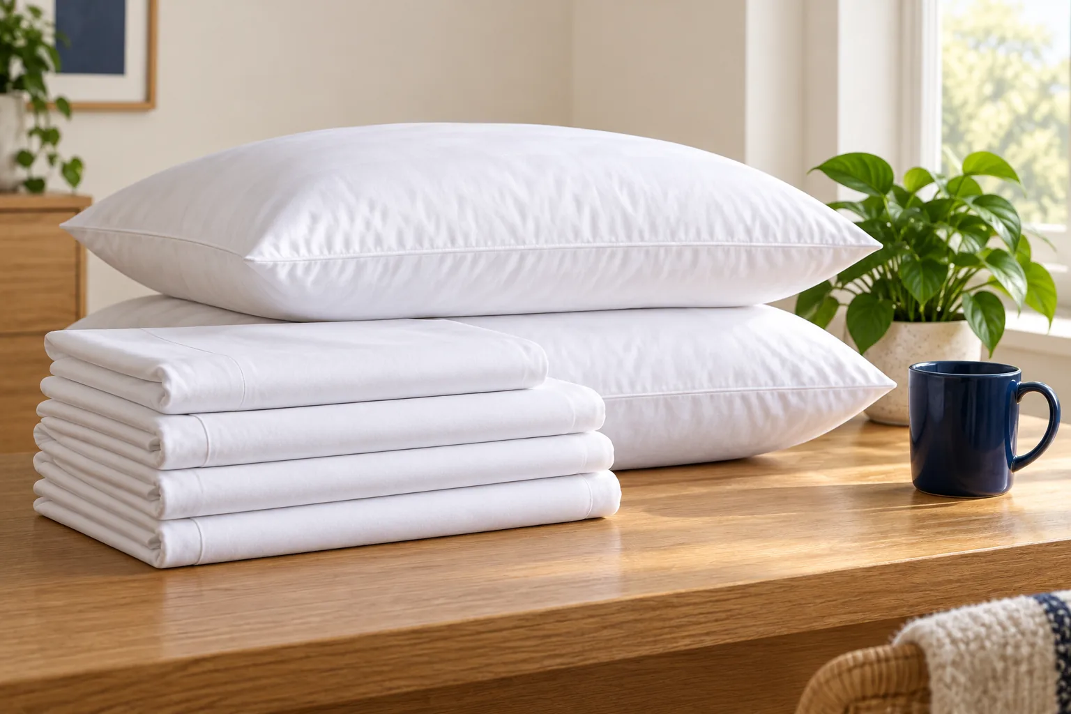 Two white pillows and a stack of folded white sheets on a wooden surface beside a navy mug.