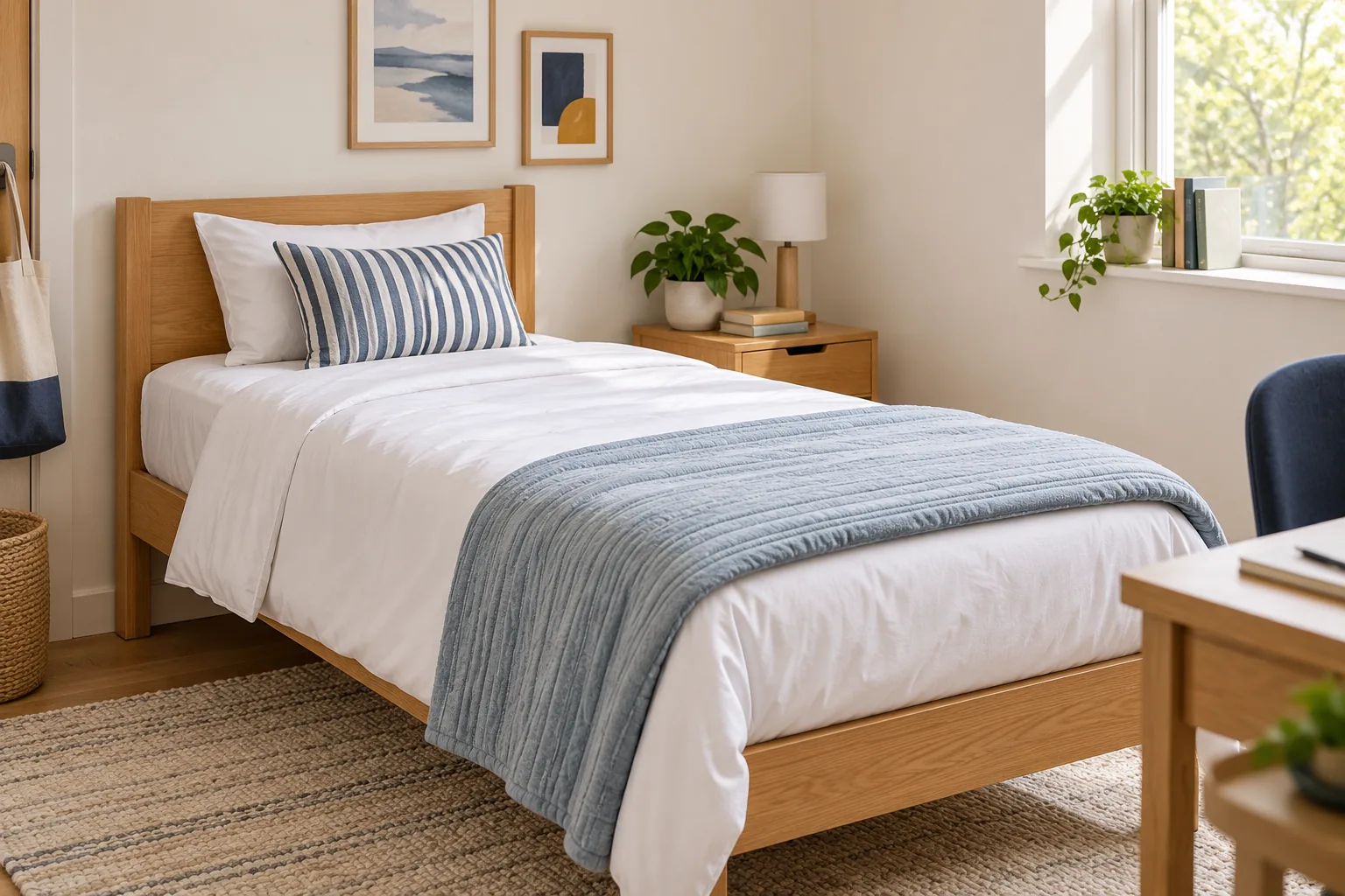 Single bed in a light wood frame with white bedding, a striped pillow and a blue throw in a sunlit student room.