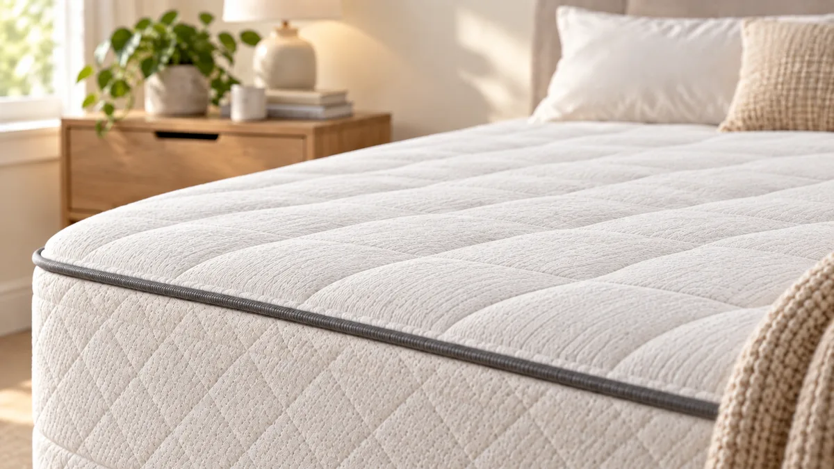 Illustrative close-up of a white quilted mattress surface, Medium Firm guide