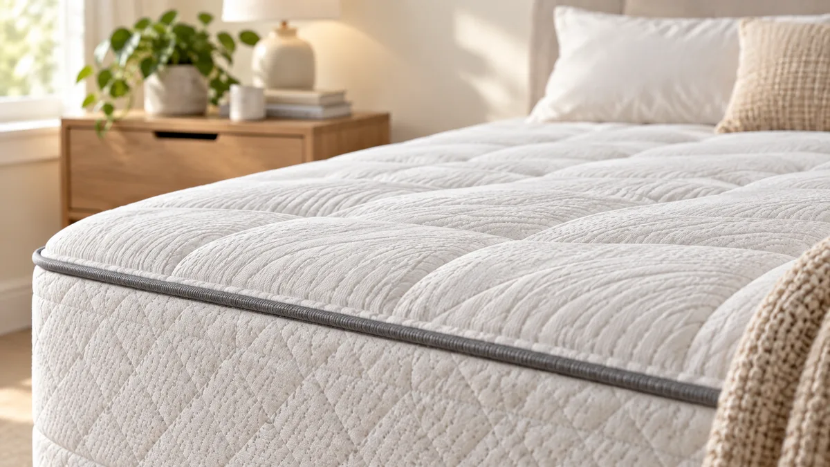 Illustrative close-up of a white quilted mattress with a more even surface profile
