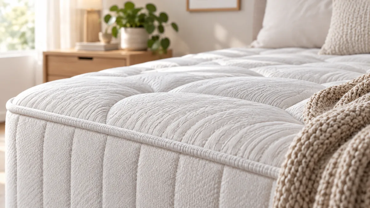 Illustrative close-up of a softly quilted white mattress surface