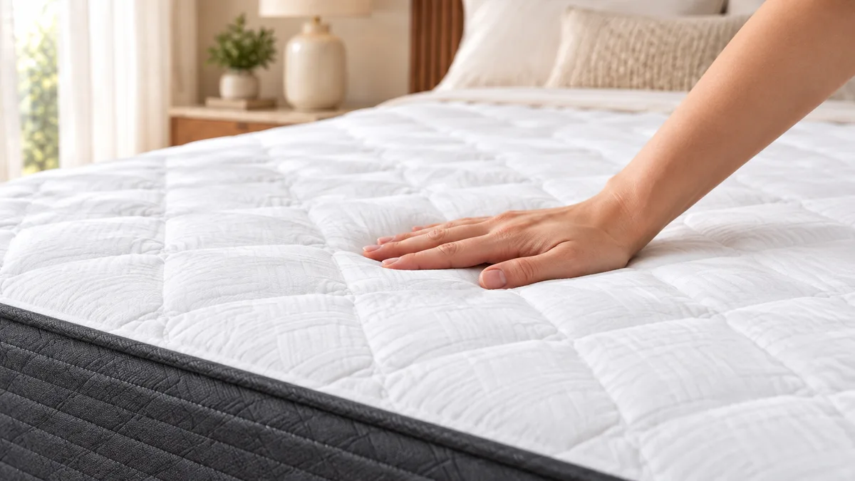 Illustration of a hand resting lightly on a white quilted mattress surface.