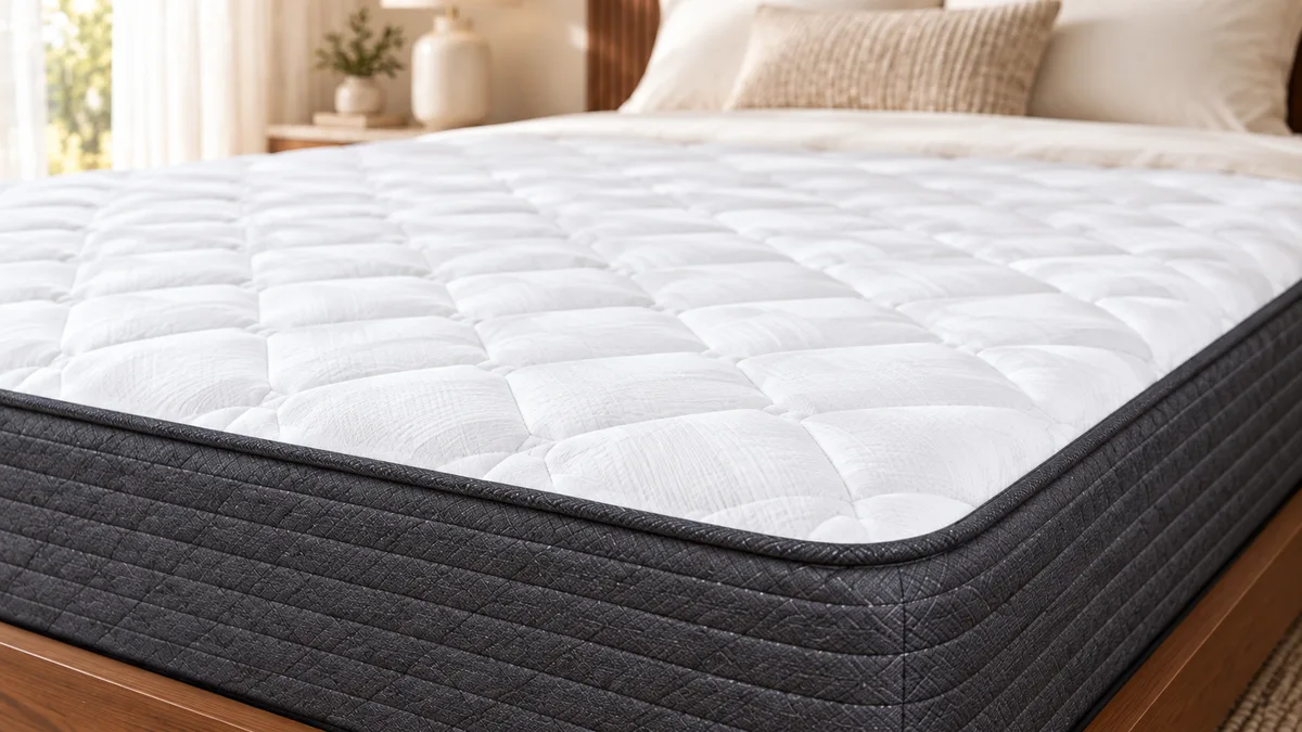 Illustrative close-up of a cushioned white quilted mattress edge.