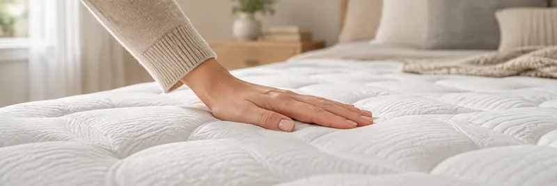 Illustrative close-up of a hand gently pressing a white quilted mattress