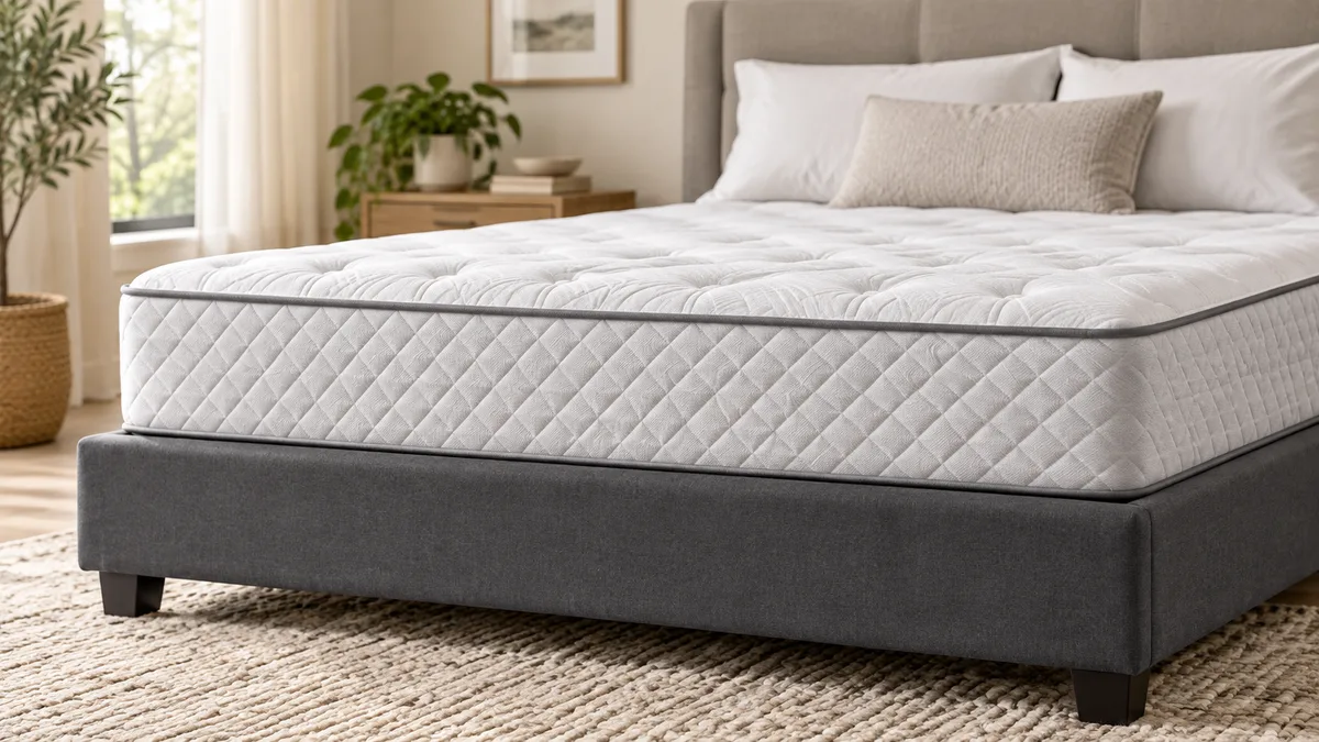 Illustration of a white quilted mattress on a charcoal upholstered base.