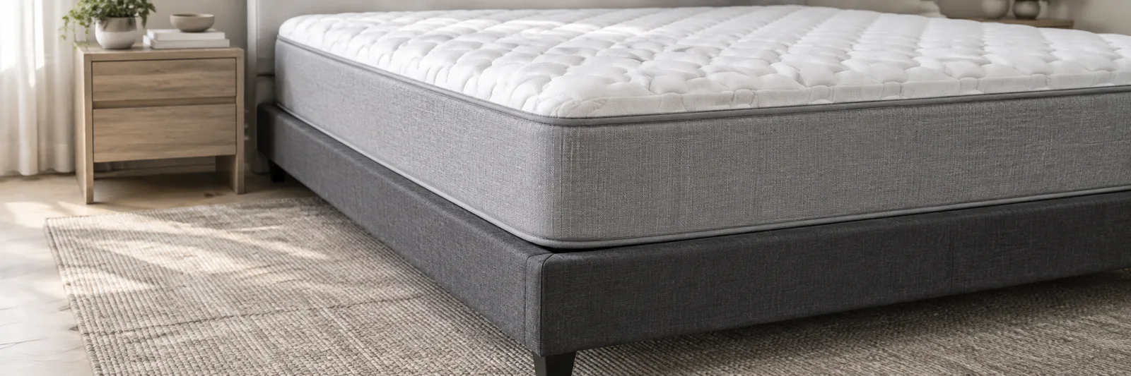 Illustrative gray-sided mattress resting on a charcoal upholstered foundation