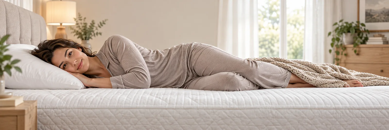 Illustrative scene of an adult resting on her side on a white mattress