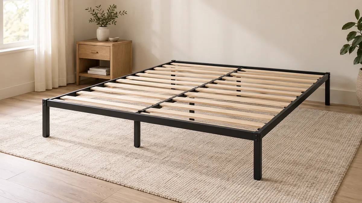 Illustrative black metal bed frame with wooden slats and central supports