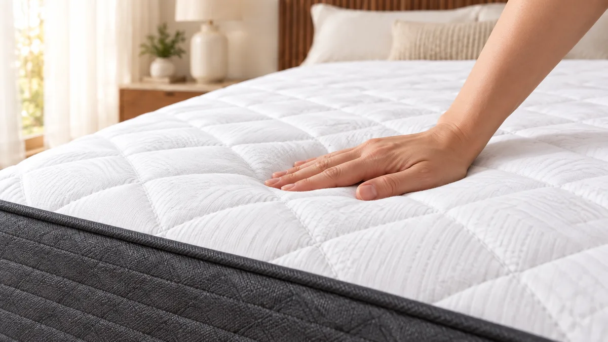 Illustration of a hand gently pressing a white quilted mattress surface.