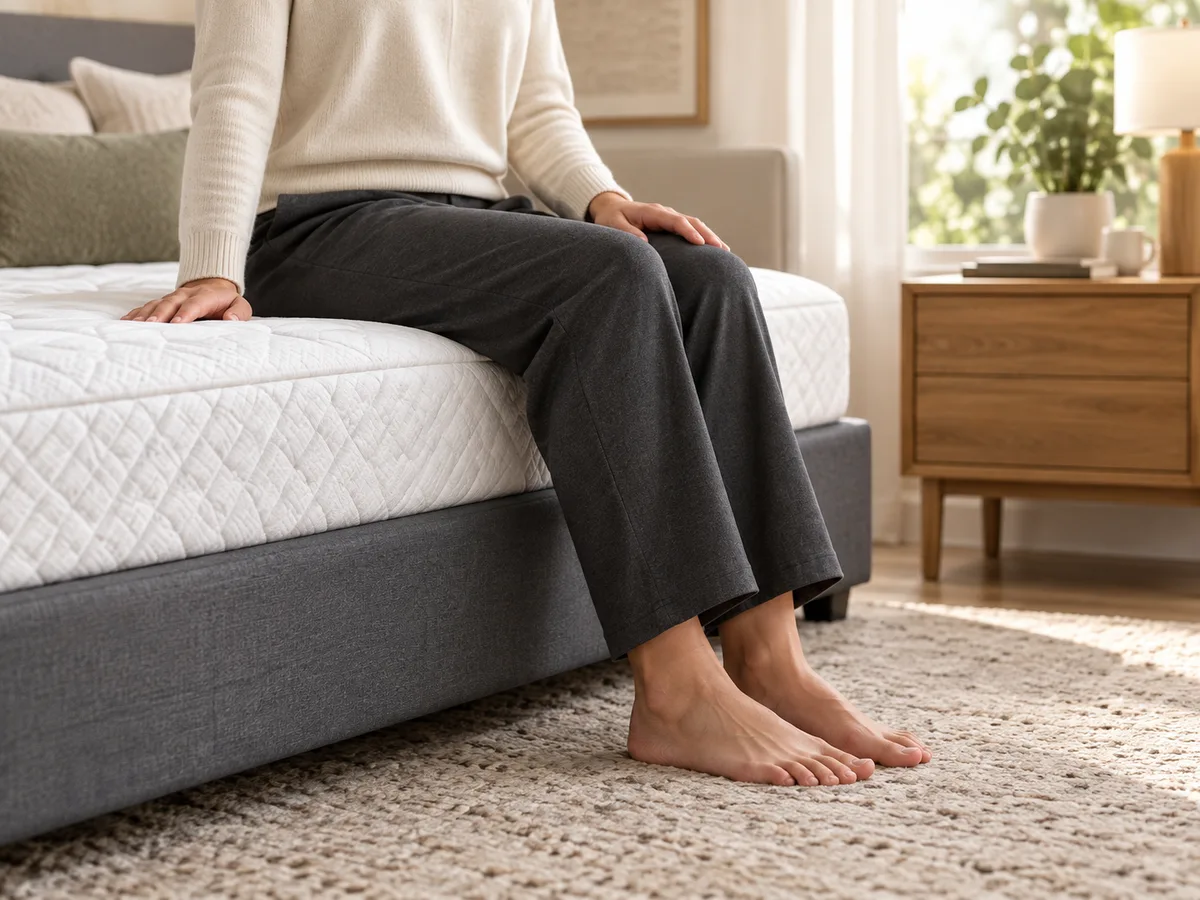 Illustration of an adult sitting on a mattress edge in a neutral bedroom setting.