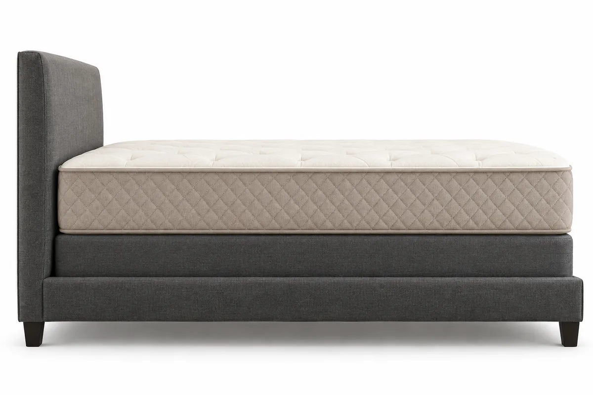 Side view of a generic mattress on a foundation and a bed frame, not to scale
