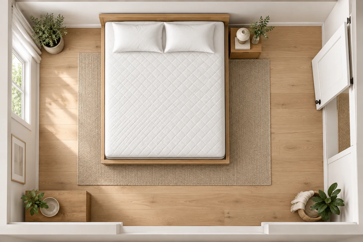 Overhead California King bedroom planning illustration with space around the bed and a doorway