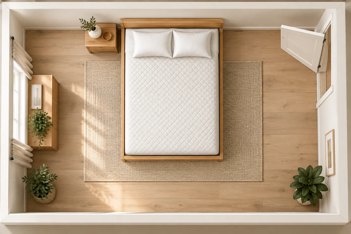 Overhead Full bedroom planning illustration with space around the bed and a doorway