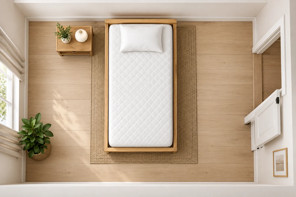 Overhead Twin bedroom planning illustration with space around the bed and a doorway
