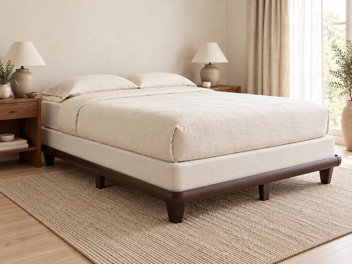Dark brown bed frame with cream bedding in a sunlit bedroom