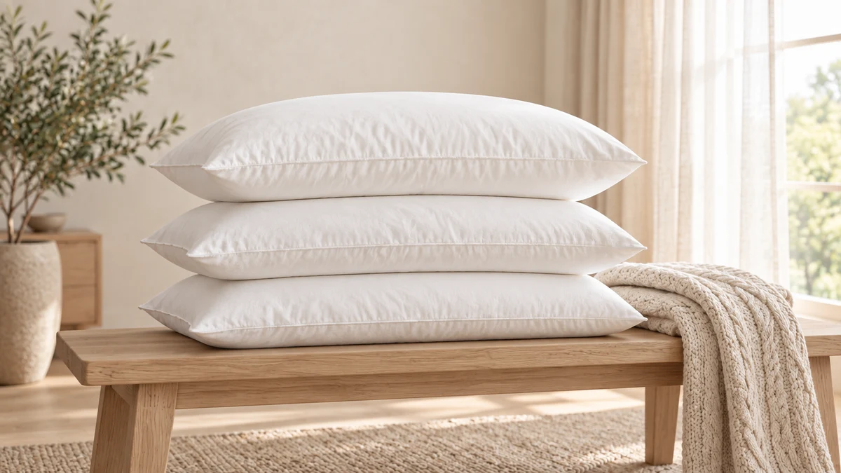 Three white pillows and an oatmeal knit blanket on an oak bench