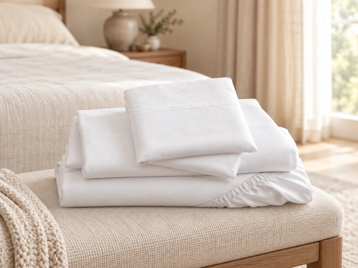 Folded white sheets and pillowcases on an ivory bench