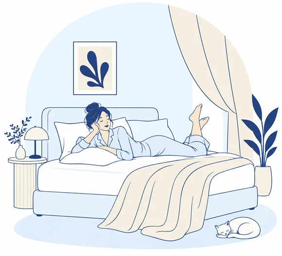 A drawing of a person lying on their front across a mattress, reading, one foot in the air