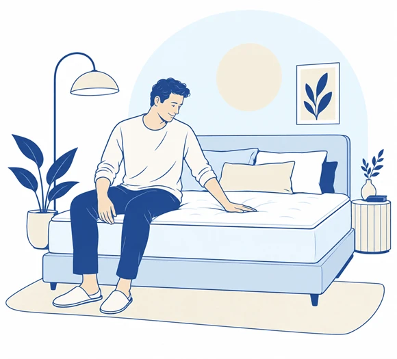 A drawing of a person sitting on the edge of a mattress, pressing it with one hand