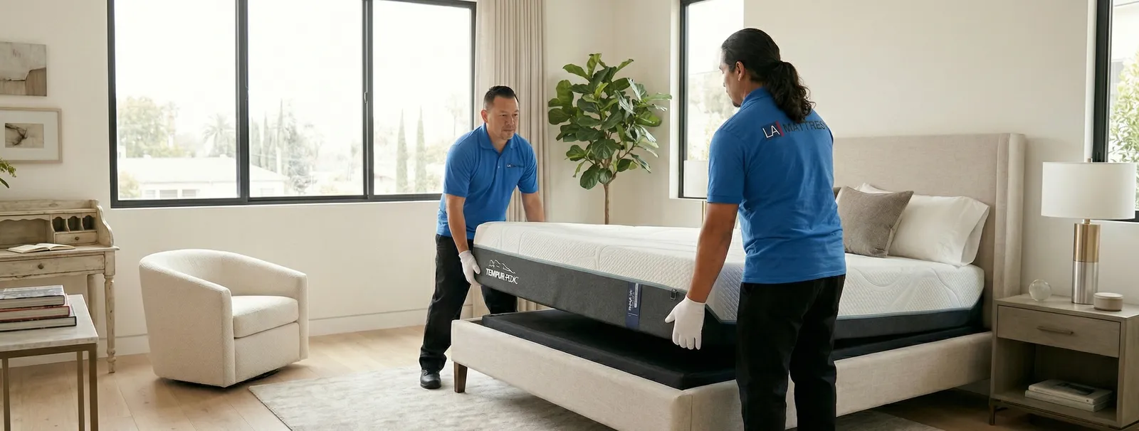 LA Mattress Store delivery team placing a Tempur-Pedic mattress on a bed during white-glove delivery in a Los Angeles home