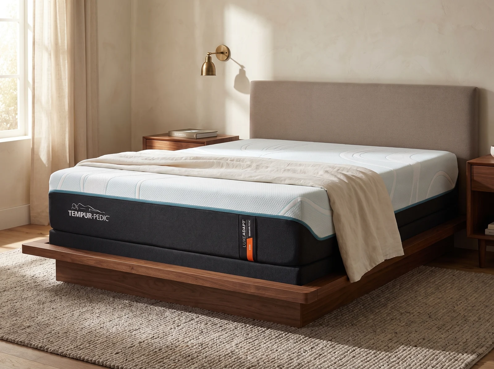 Close-up of the textured white comfort surface of a Tempur-Pedic mattress