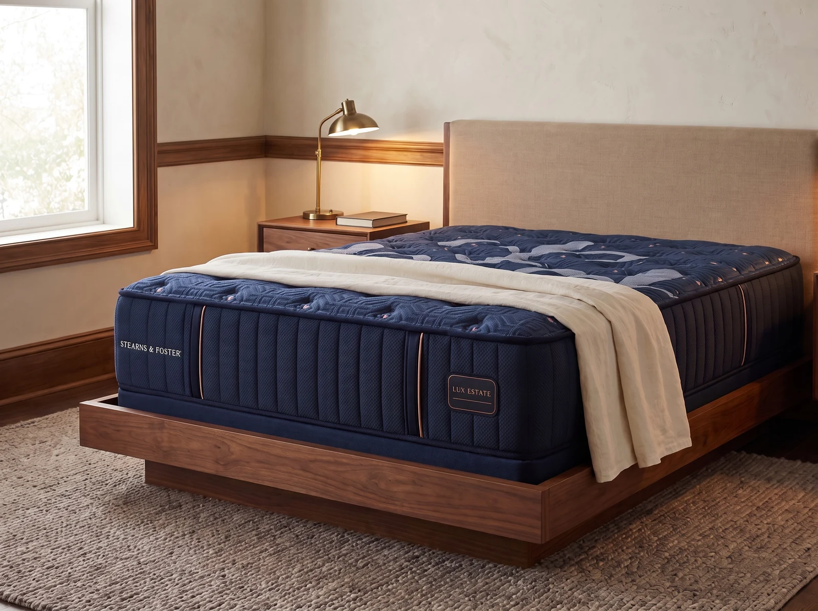 Detail of a Stearns & Foster mattress with a quilted cream top and tailored navy upholstery