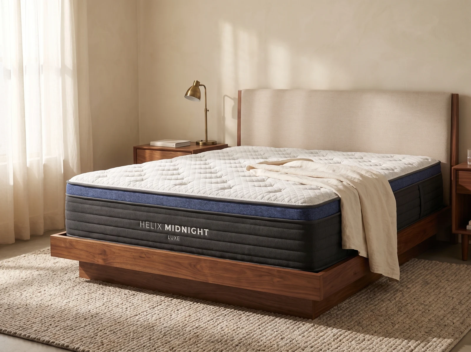 Detail of the cushioned white pillow top and dark side panels of a Helix Midnight Luxe mattress