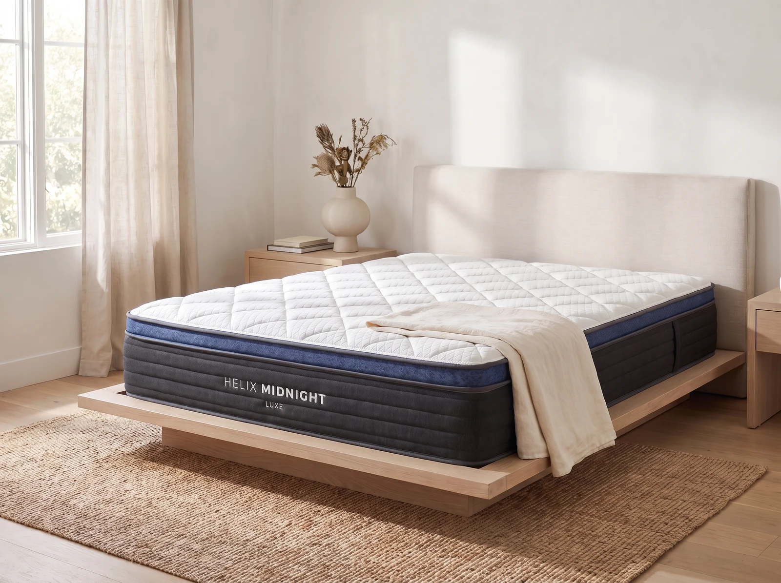 Quilted white Helix Midnight Luxe mattress cover with blue trim in a sunlit bedroom