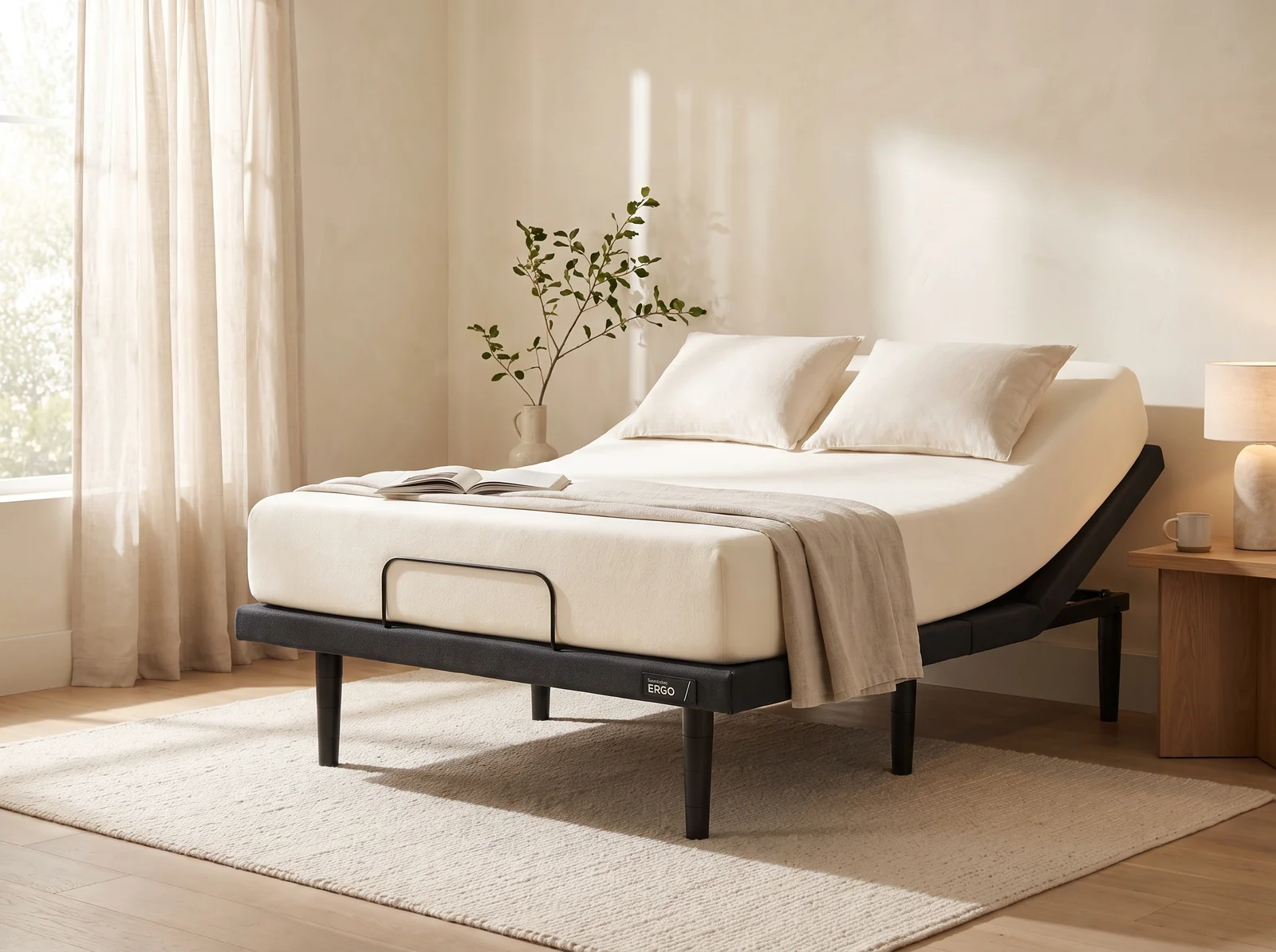 Charcoal adjustable base with its head raised, an ivory mattress and linen bedding in a sunlit bedroom