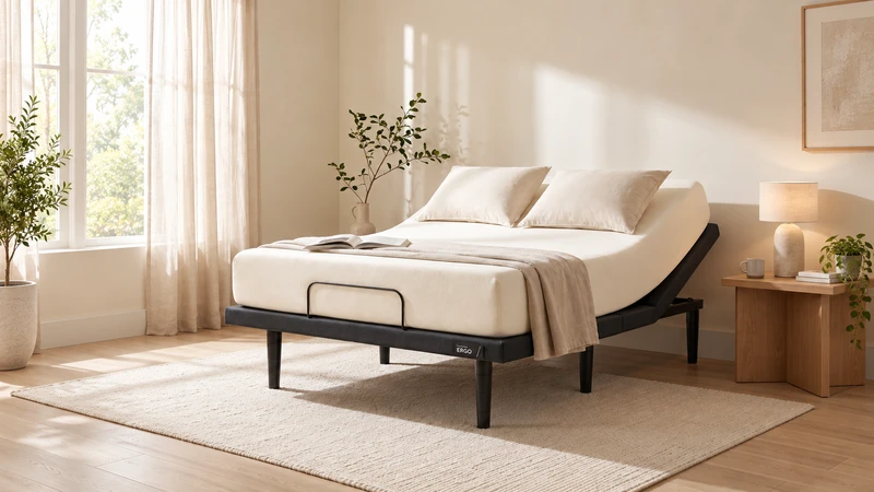 A raised adjustable base with ivory bedding in a sunlit bedroom