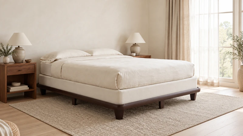 A dark bed frame supporting cream bedding in a light neutral bedroom