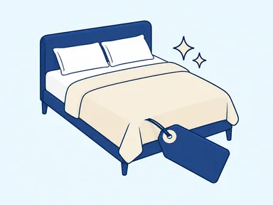 A made-up bed with a hanging price tag
