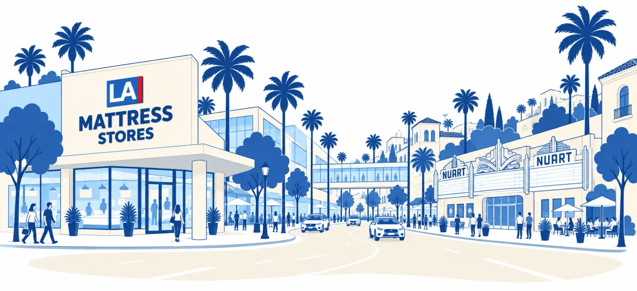 Illustrated Pico Boulevard in West LA with the LA Mattress Stores showroom on the corner and the Nuart Theatre marquee