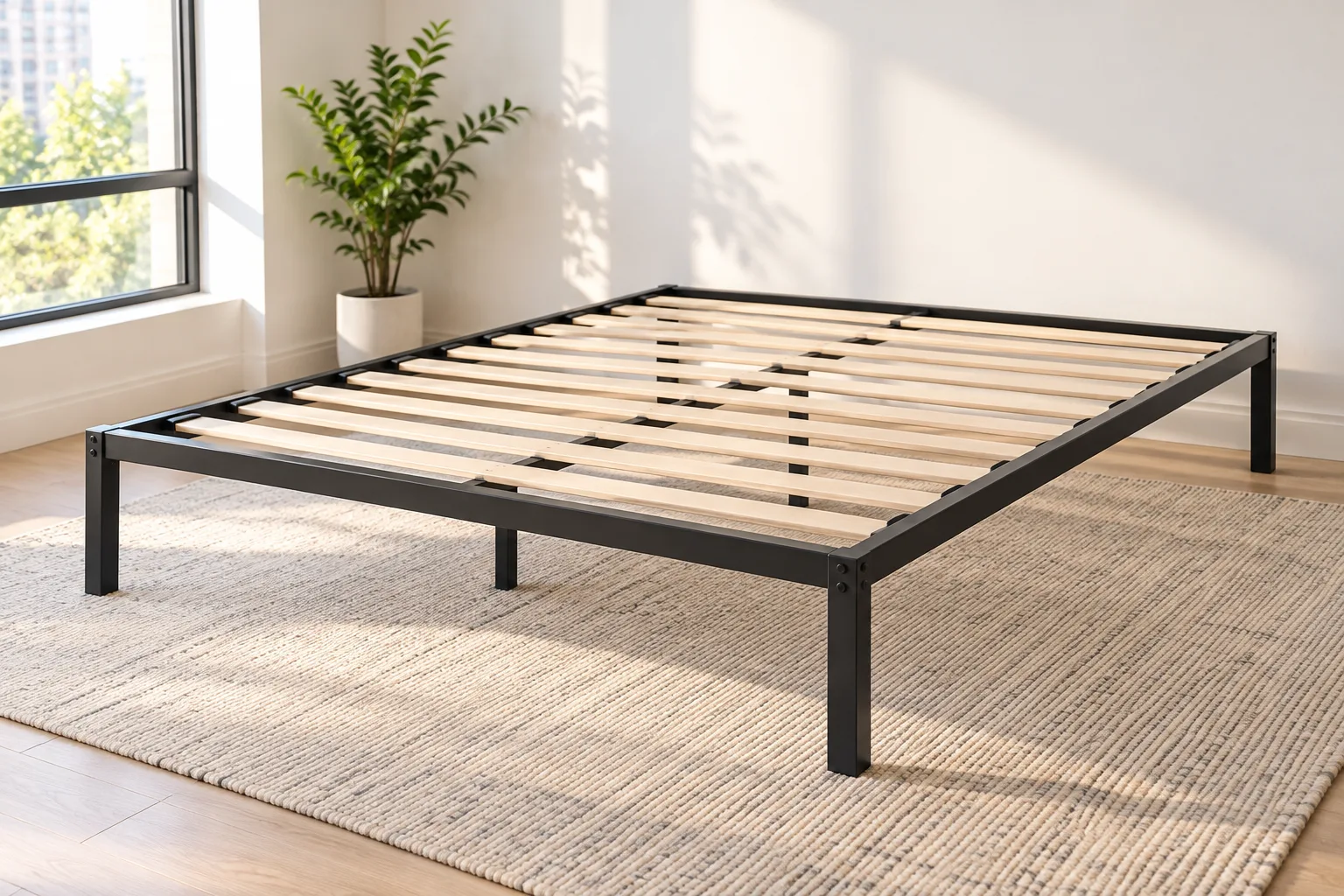 Black metal platform bed frame with wooden slats.