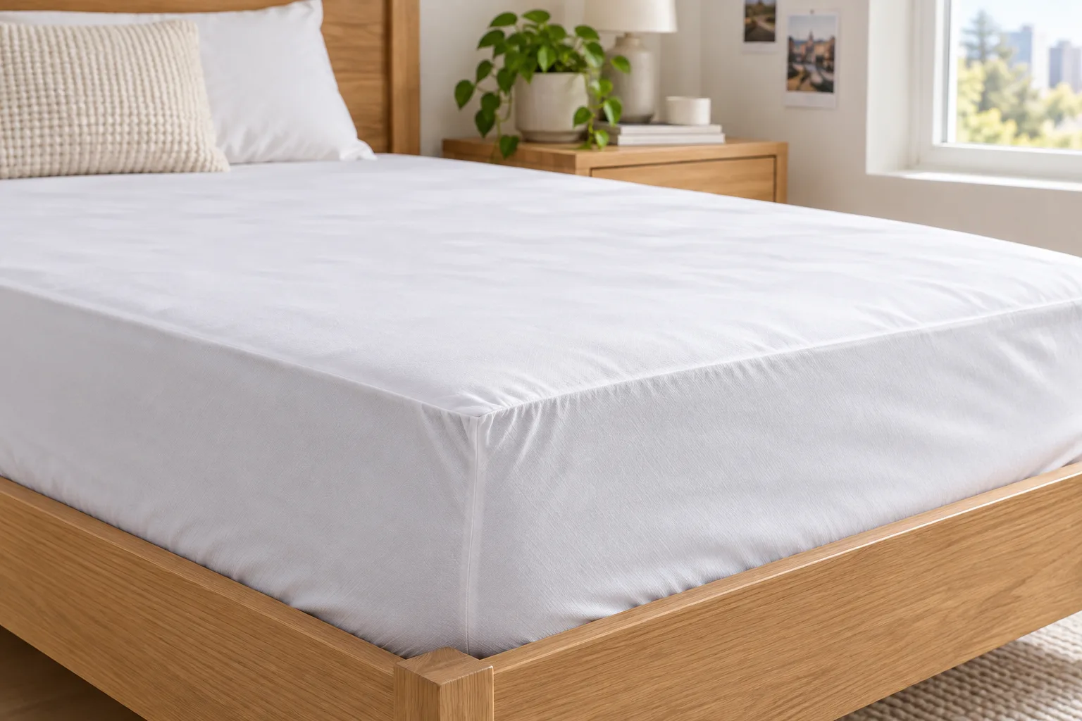 White fitted protector wrapped around a mattress corner.