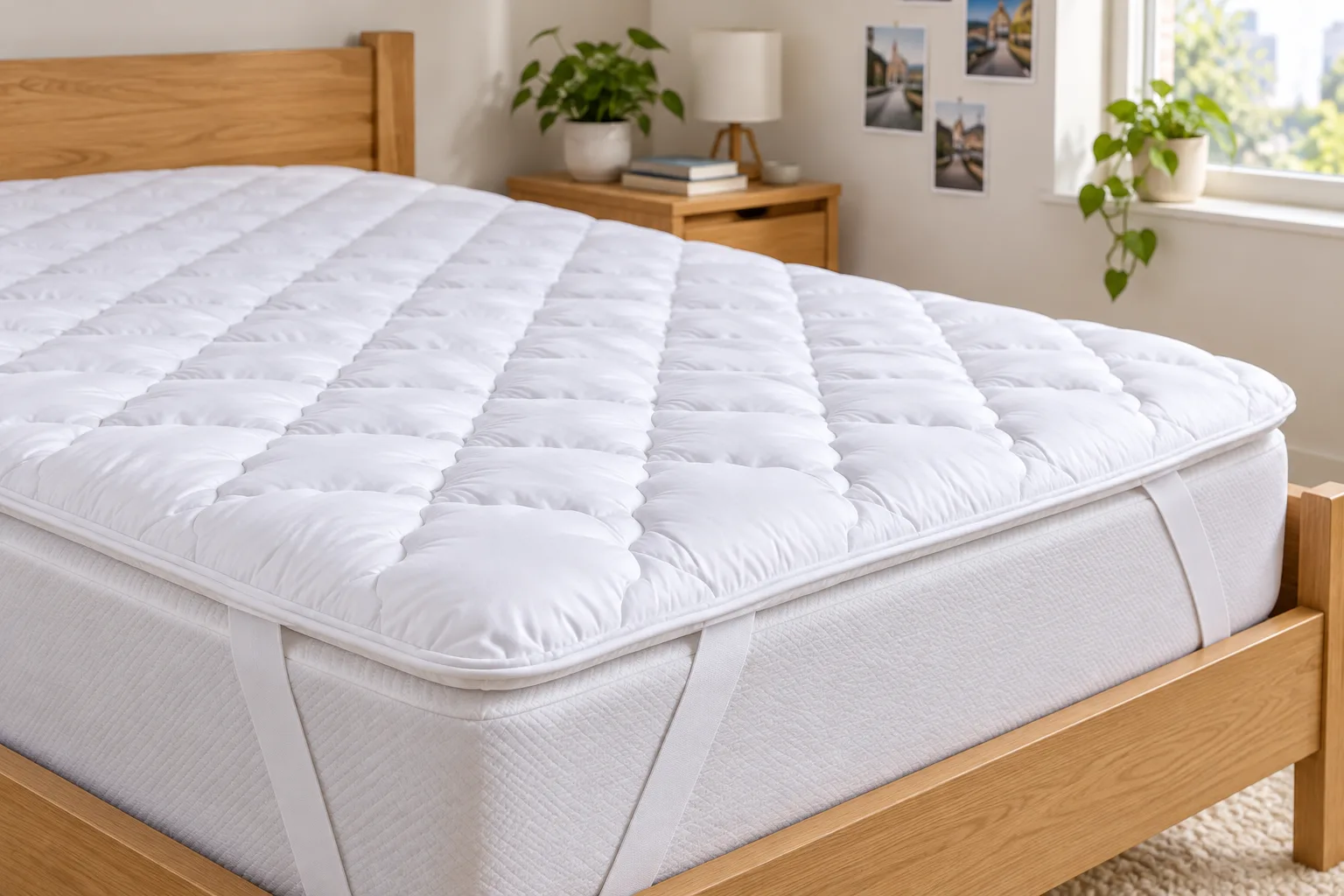 White quilted topper on a single mattress in a light wood bed frame.