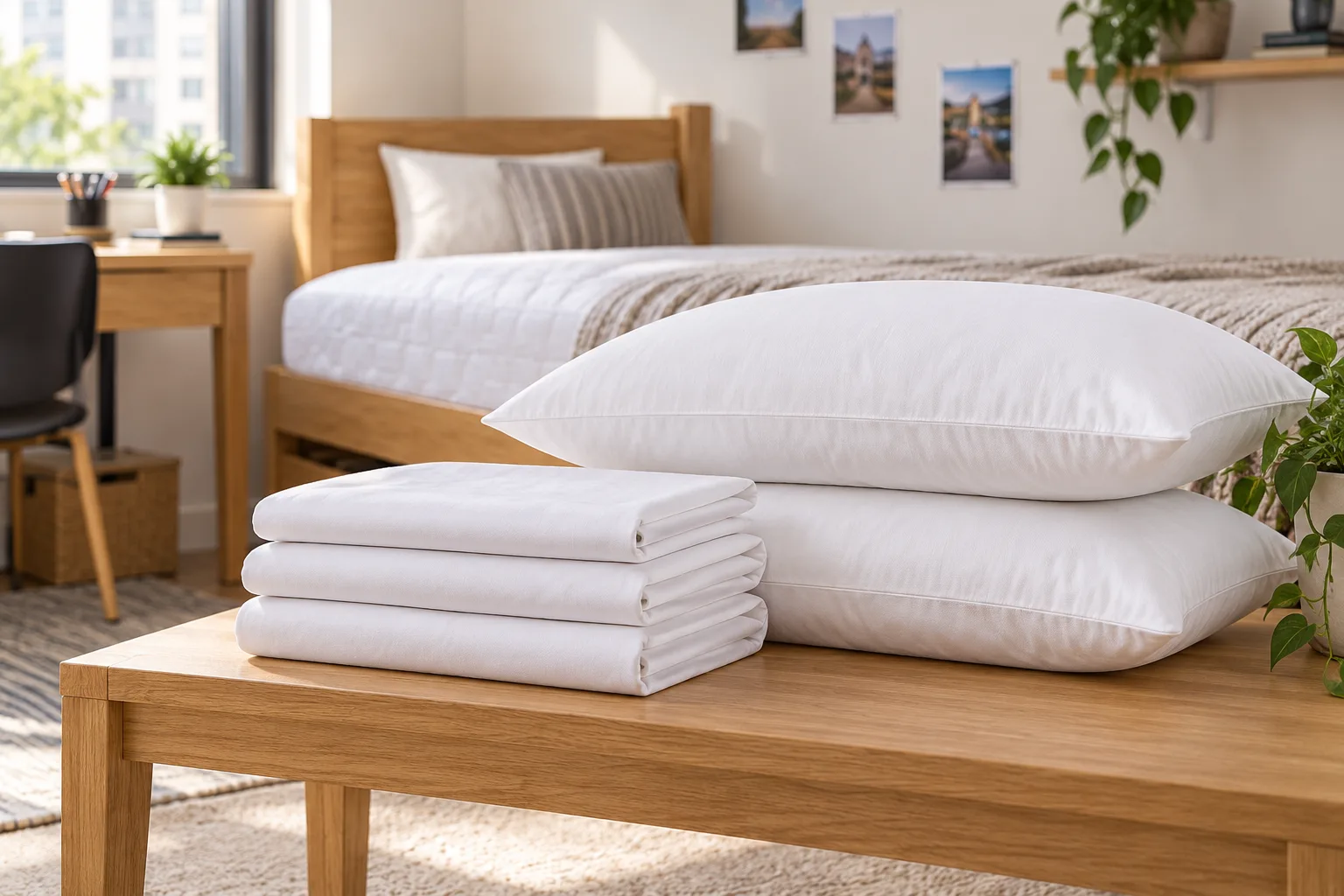 Folded white sheets and two pillows on a wooden bench.