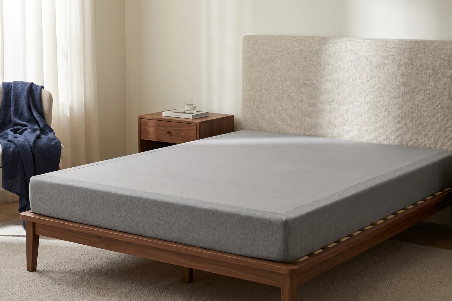 A TEMPUR-Flat low-profile foundation in a styled bedroom, with no mattress on top