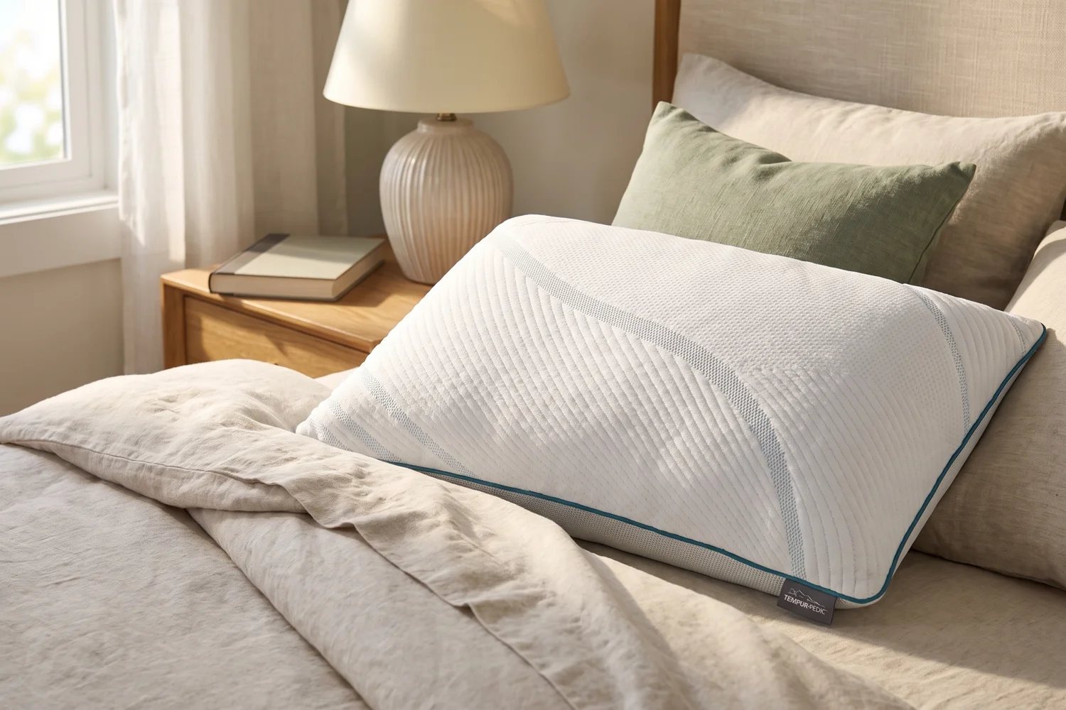 TEMPUR-Cloud Adjustable Pillow with turquoise piping in a styled linen bedroom