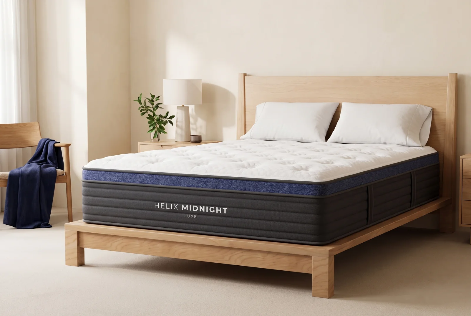 Helix Midnight Luxe with its white quilted top and charcoal branded sidewall in a styled bedroom