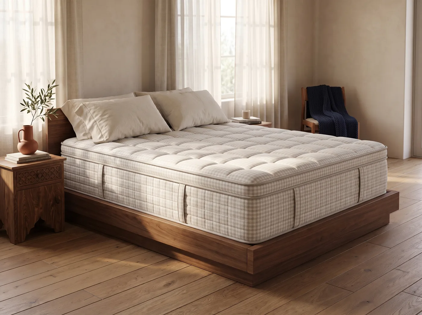 Diamond Lucille Firm Natural Latex Hybrid Euro Top Mattress - 15" in a warm, neutral bedroom