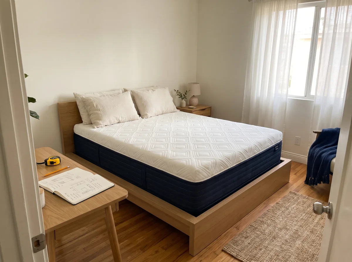 Diamond Glory mattress in a compact bedroom with a tape measure and room-planning notebook
