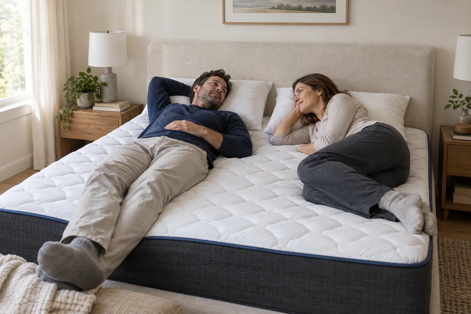 Illustration of two adults in everyday clothes lying on a white quilted mattress and comparing how it feels.