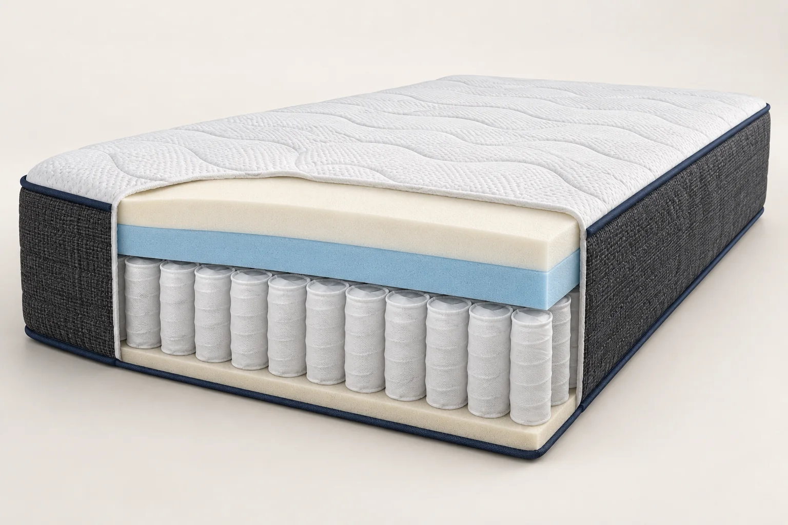 Illustrative hybrid mattress cutaway showing foam layers above fabric-wrapped pocket springs.